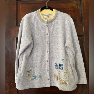 BonWorth Gray Cardigan with Embroidered Garden Design